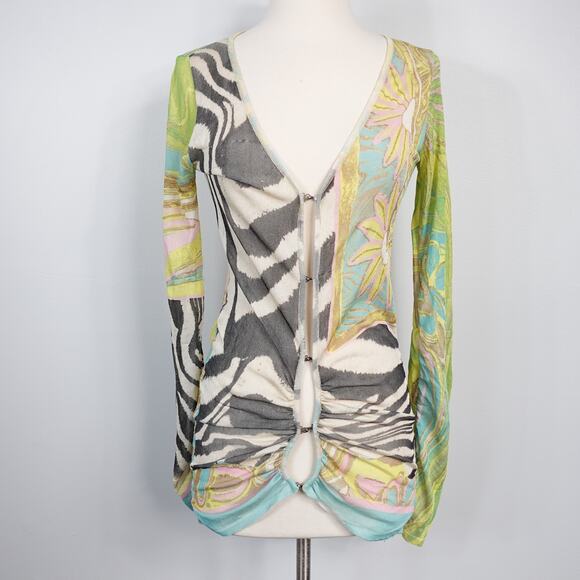 Roberto Cavalli Sweaters - Roberto Cavalli Vintage Y2K 2004 Zebra Floral Green Multicolor Keyhole Cardigan